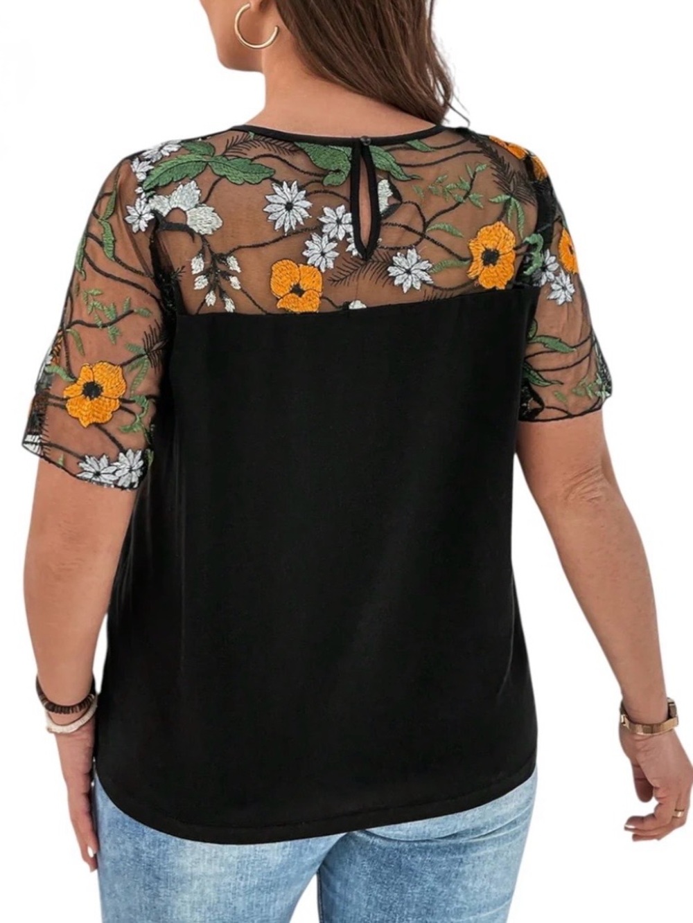 Black Floral Sheer Embroidered Sleeves Patchwork Blouse